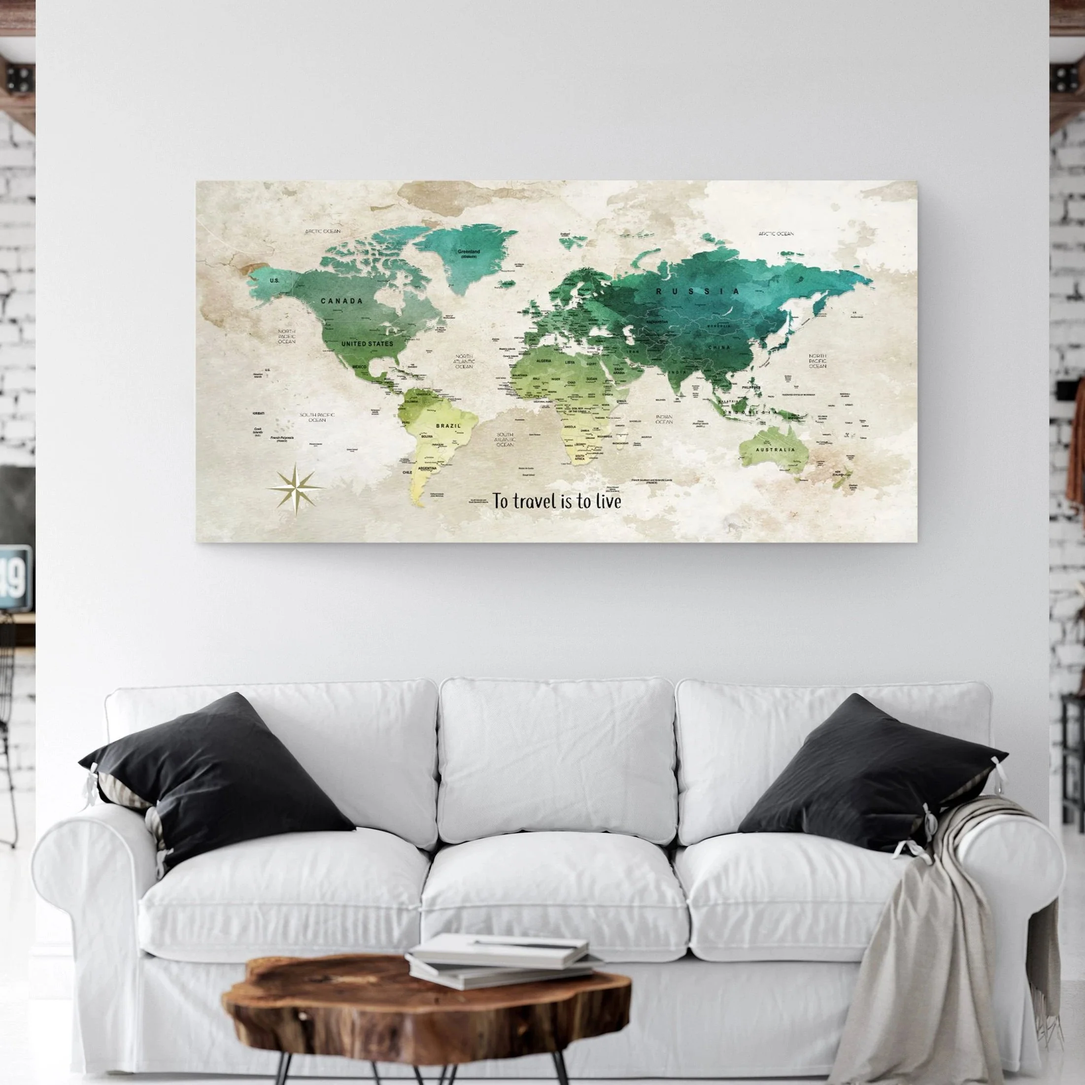 Push Pin Travel Map - Greens and Yellow